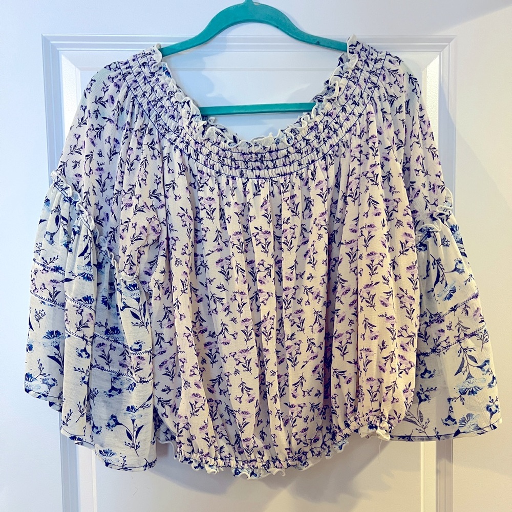 Free People White Purple Blue Floral Flowy Strapless Top ☁️💜💙